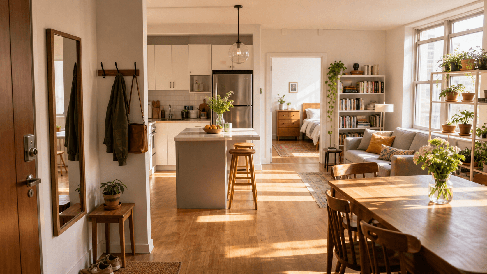 Realistic generated memory palace image of a sunlit apartment with clearly visible loci.