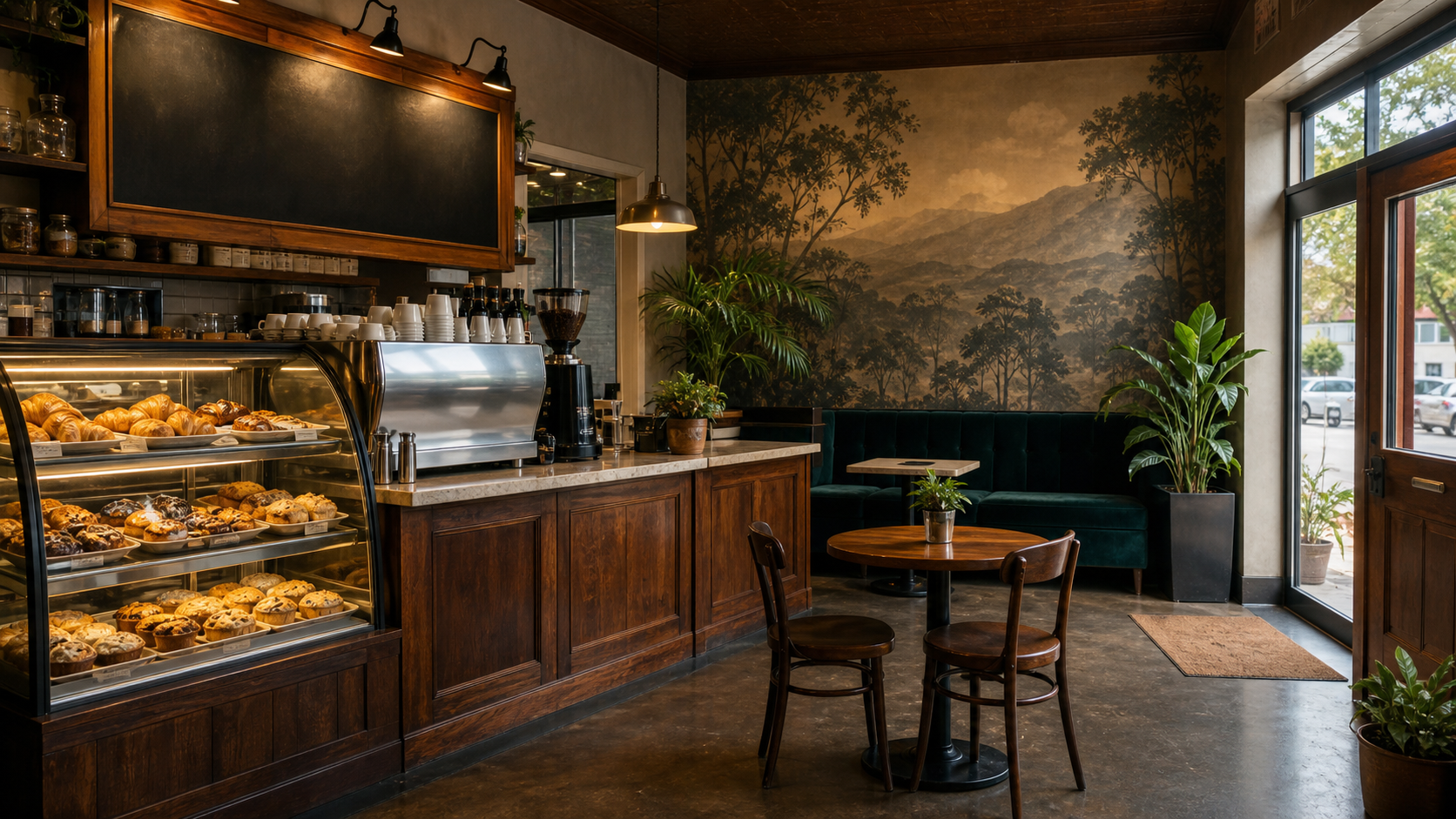 Realistic generated memory palace image of a corner cafe with clearly visible loci.