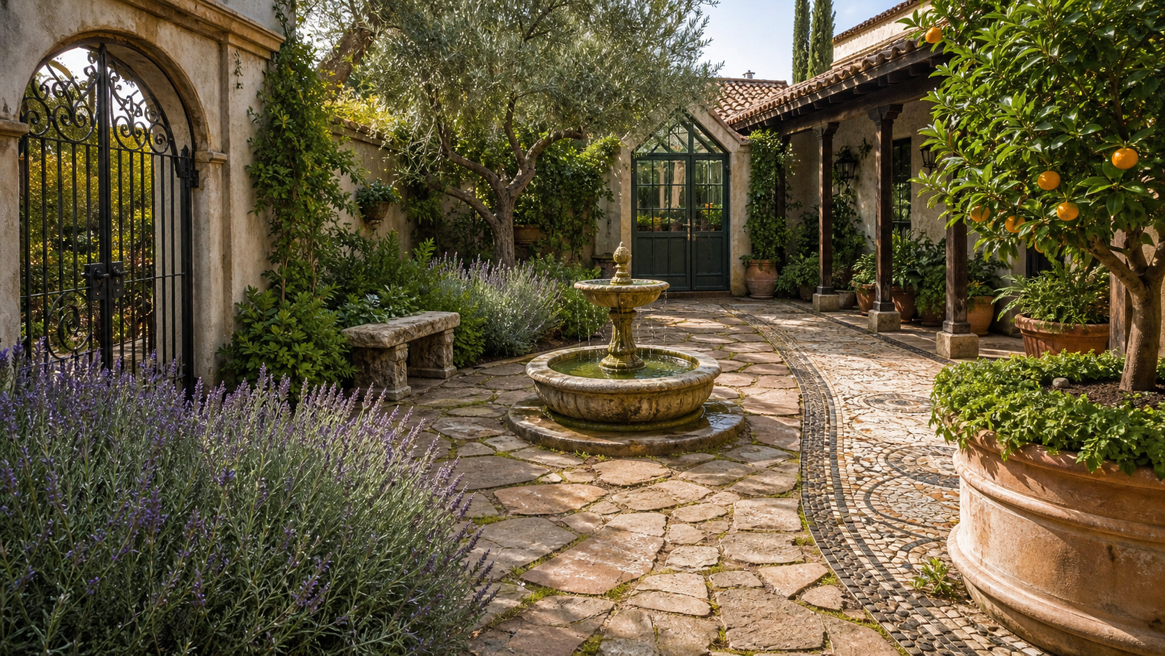 Realistic generated memory palace image of a garden courtyard with clearly visible loci.