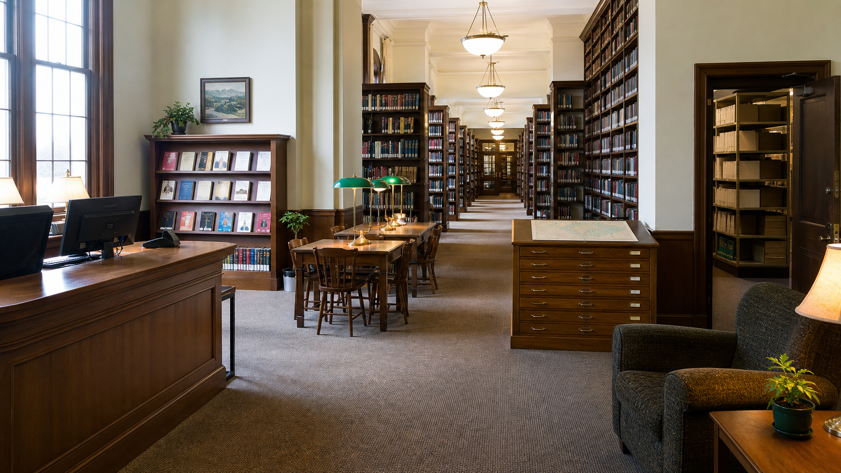 Realistic generated memory palace image of a quiet library with clearly visible loci.